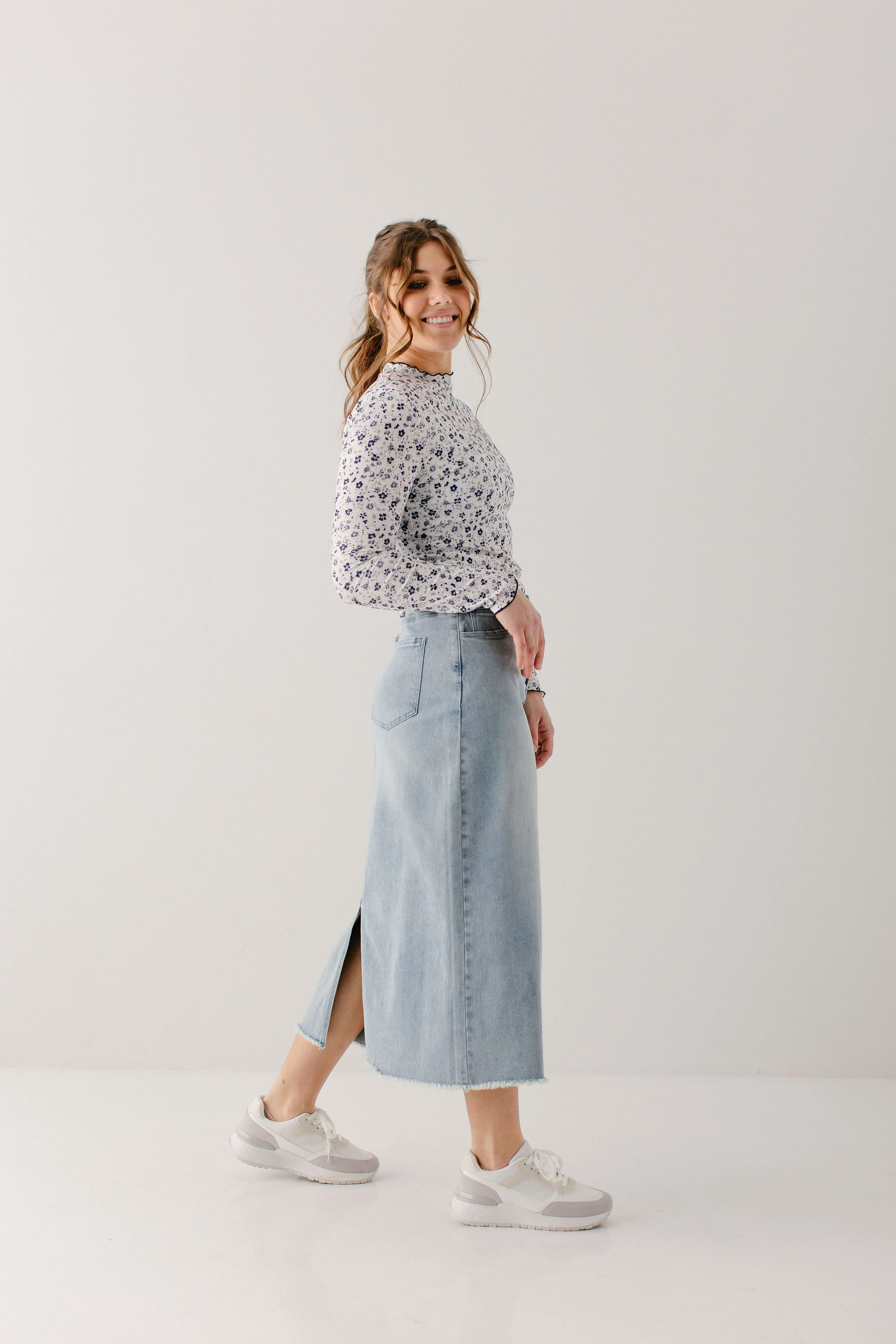 'Laura' Petite Length Denim Midi Skirt