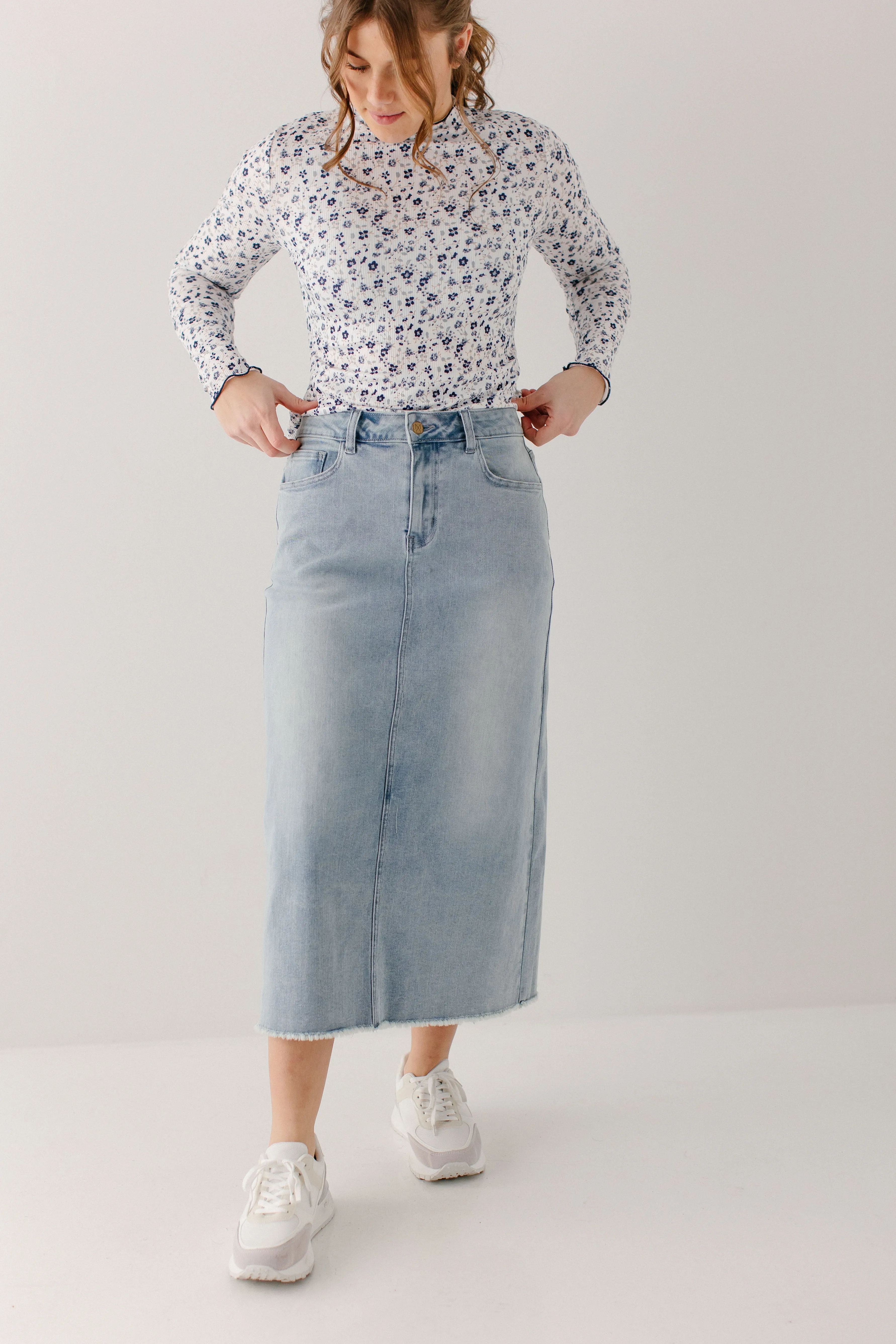 'Laura' Petite Length Denim Midi Skirt