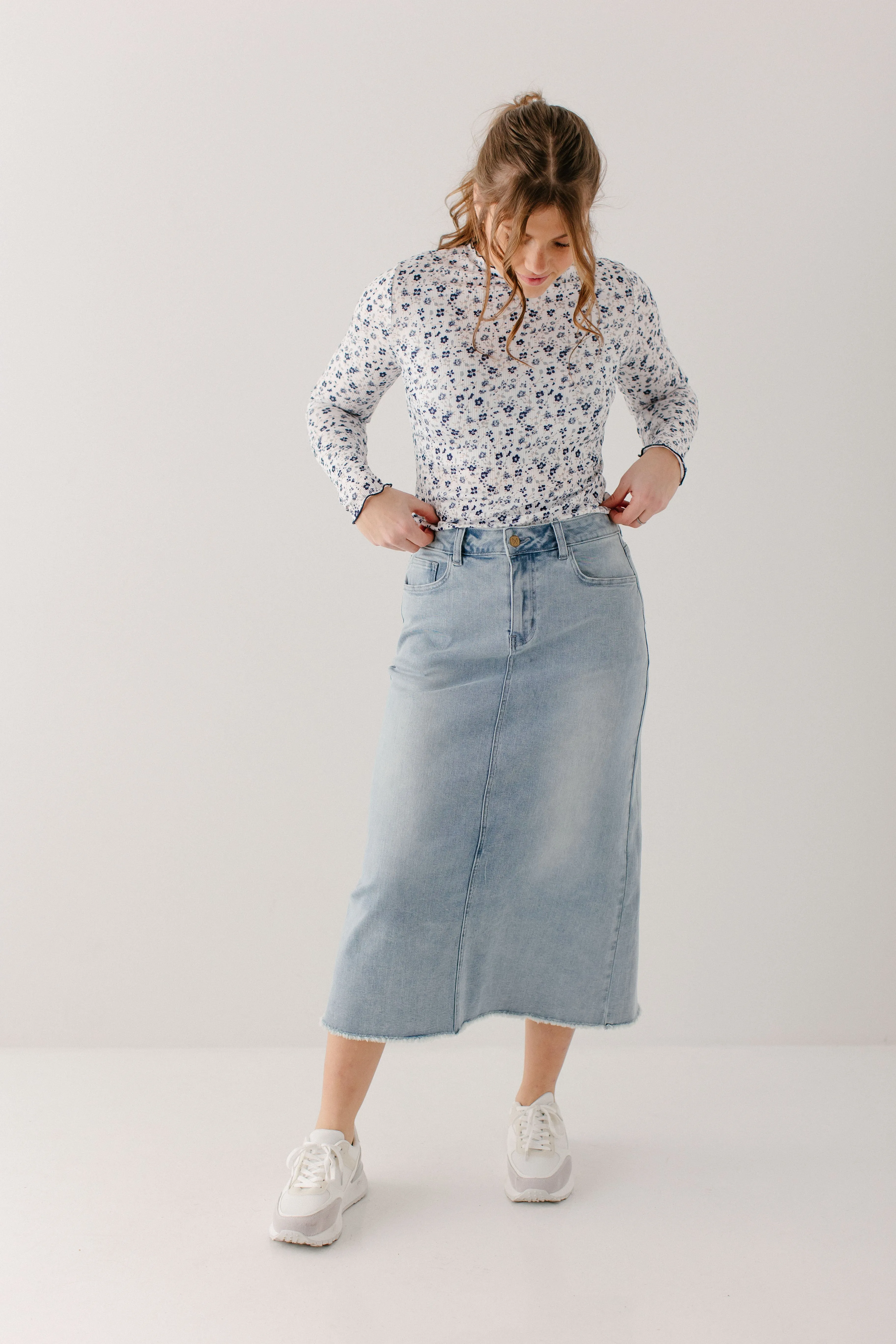 'Laura' Petite Length Denim Midi Skirt