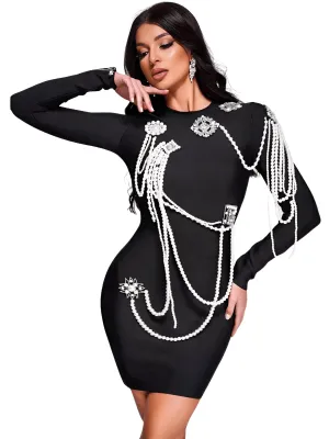 Long Sleeve Luxury Beaded Chain Black Velvet Mini Dress Women