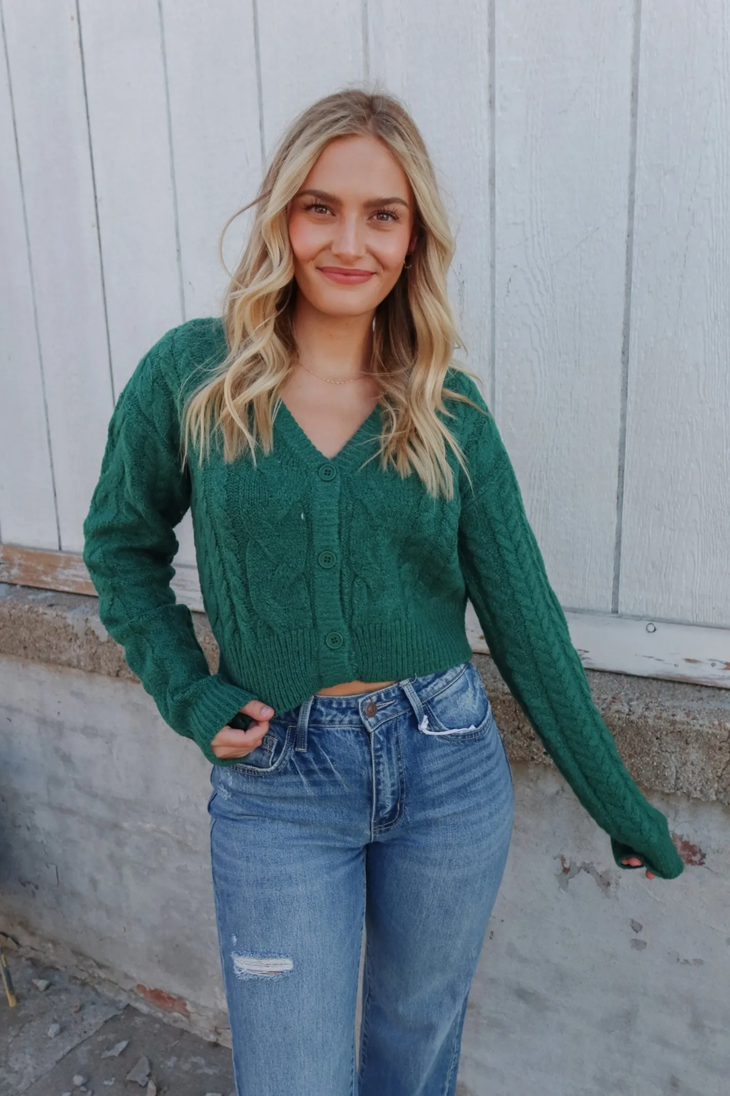 Park Avenue Dark Green Button Down Cropped Sweater