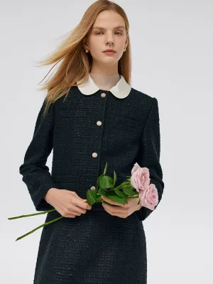 Tweed Crop Jacket And A-Line Skirt Two-Piece Set With Detachable Contrast Collar