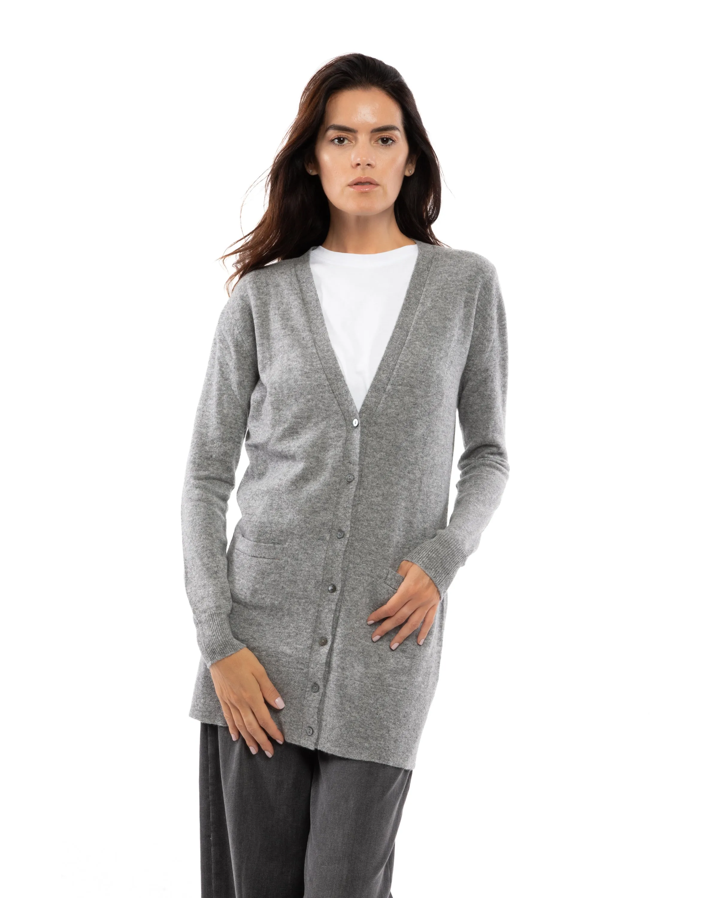 Women's Long Pure Cashmere Cardigan Sweater Melange Gray