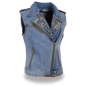 Women’s Zipper Front Black Denim Vest w/ Studded Spikes