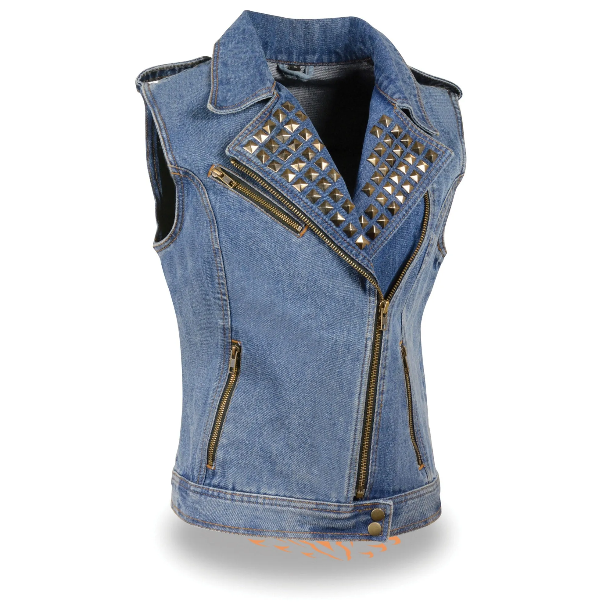 Women’s Zipper Front Black Denim Vest w/ Studded Spikes